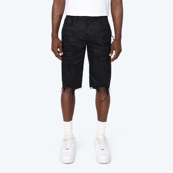 Smoke Rise - Distressed Rip & Repair Shorts (Jet Black)