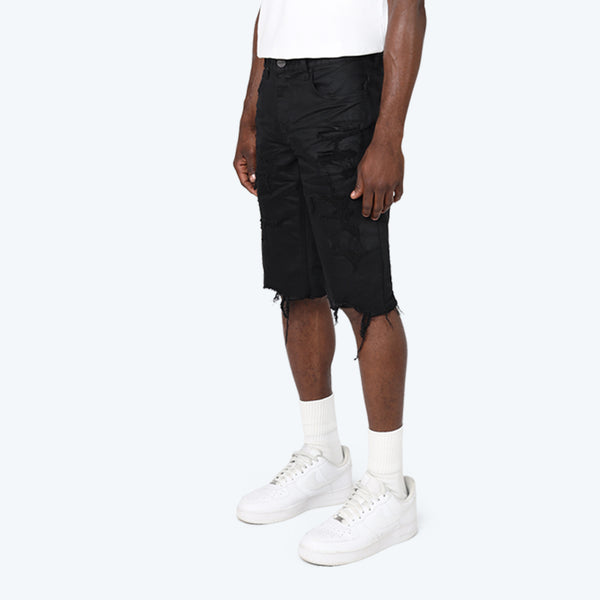 Smoke Rise - Distressed Rip & Repair Shorts (Jet Black)