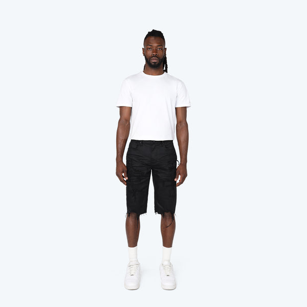 Smoke Rise - Distressed Rip & Repair Shorts (Jet Black)