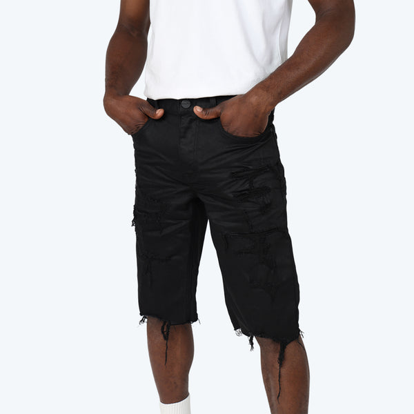 Smoke Rise - Distressed Rip & Repair Shorts (Jet Black)