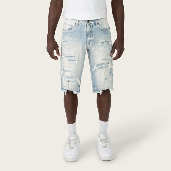 Smoke Rise - Distressed Rip & Repair Shorts (Santorini Blue)