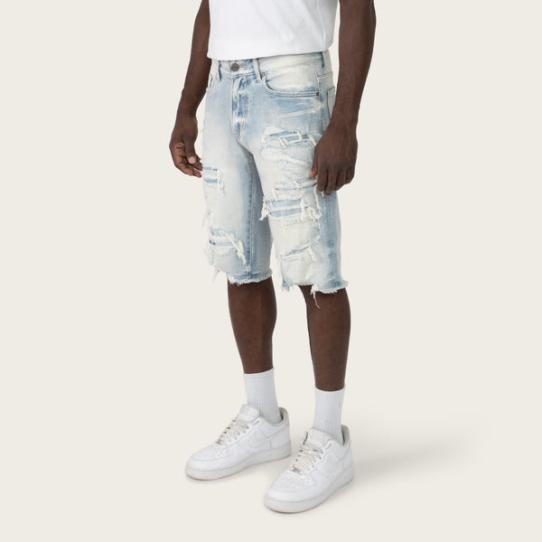 Smoke Rise - Distressed Rip & Repair Shorts (Santorini Blue)