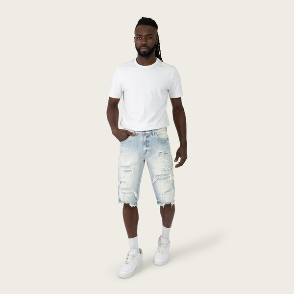 Smoke Rise - Distressed Rip & Repair Shorts (Santorini Blue)