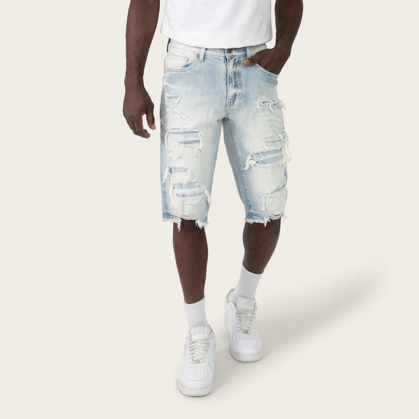 Smoke Rise - Distressed Rip & Repair Shorts (Santorini Blue)