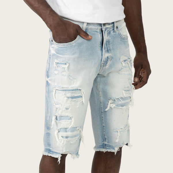 Smoke Rise - Distressed Rip & Repair Shorts (Santorini Blue)