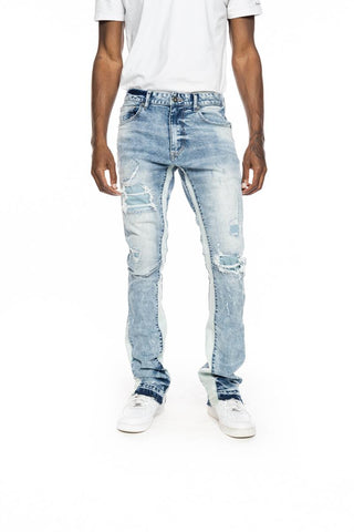 Smoke Rise - Mixed Media Flared Stack Jeans (Brisbane Blue)