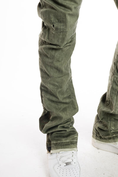 Smoke Rise - Mixed Media Flared Stack Jeans (Vintage Army)