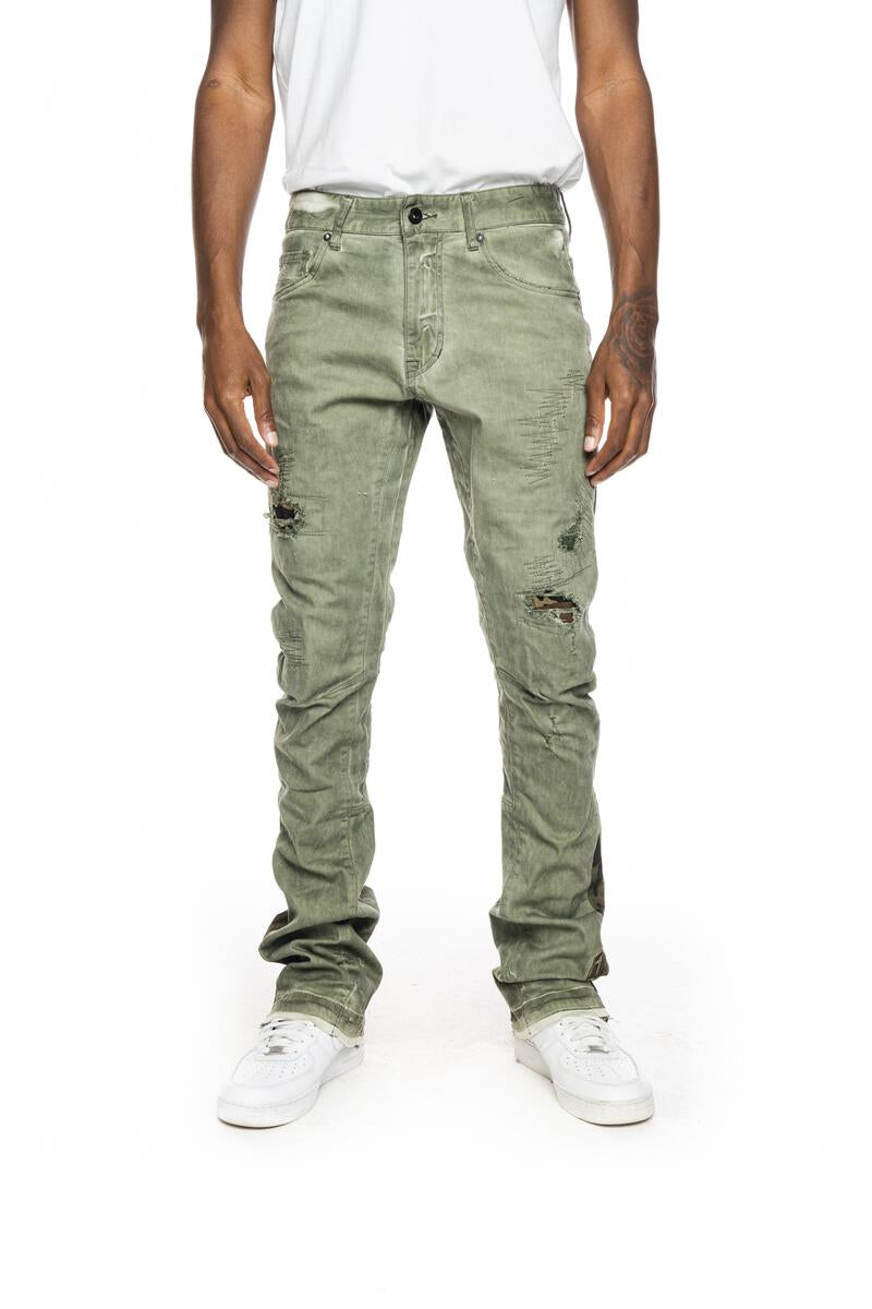 Smoke Rise - Mixed Media Flared Stack Jeans (Vintage Army)